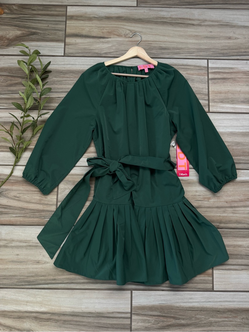 LDT Hunter Green Pleated Mini Dress 14 NWT Tie Waist Balloon Sleeve Holiday